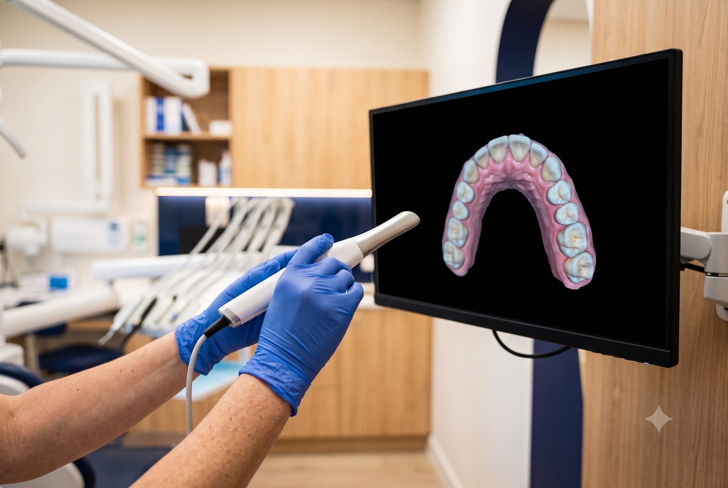 Scanner intraoral e monitor com arcada dental 3D durante planejamento de cirurgia guiada em São Luís - MA