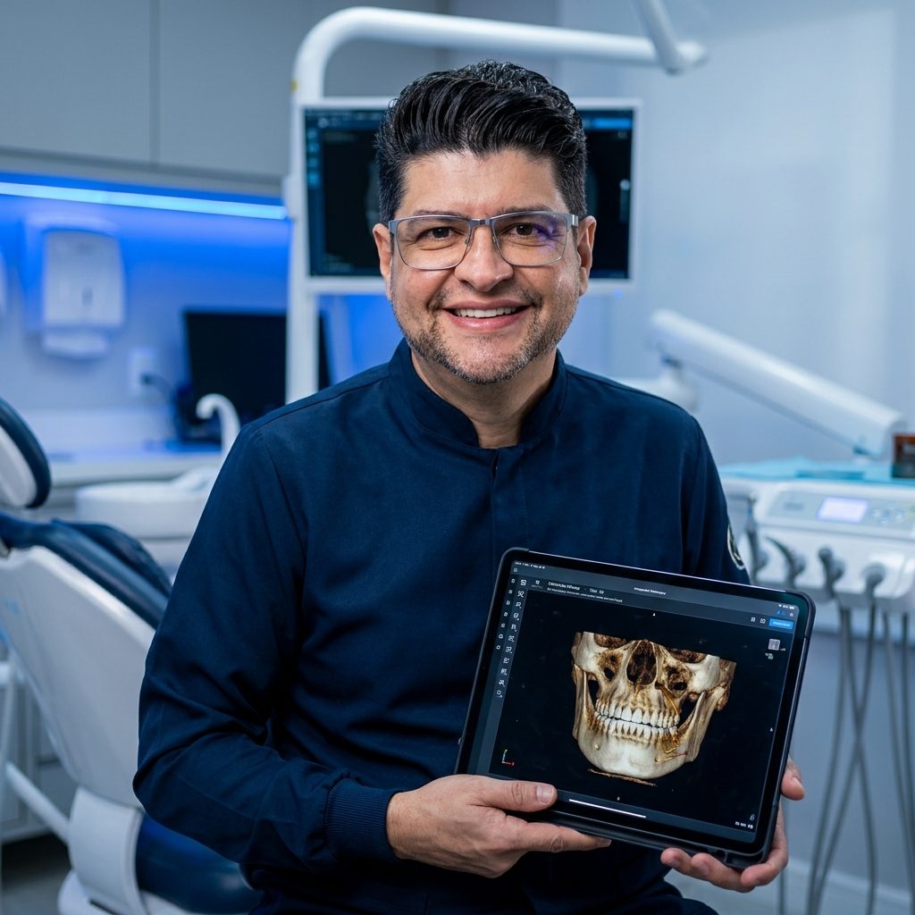 Dr. Marcelo Rocha mostra o planejamento digital 3D de um implante em tablet, no consultório em São Luís - MA